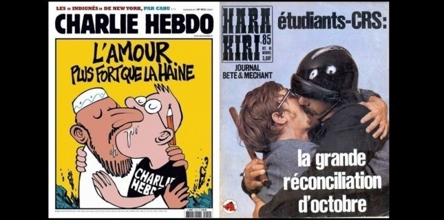 Αριστερά: Charlie Hebdo - 2011, "Η αγάπη είναι ισχυρότερη απ' το μίσος" Δεξιά: Hara Kiri - Οκτώβριος 1968, κριτικάροντας την κατάσταση μετά την εξέγερση του Μαϊου "Η μεγάλη συμφιλίωση του Οκτωβρίου"