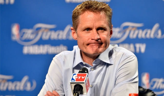 Jun 16, 2015; Cleveland, OH, USA; Golden State Warriors head coach Steve Kerr talks to the media before game six of the NBA Finals against the Cleveland Cavaliers at Quicken Loans Arena. Mandatory Credit: David Richard-USA TODAY Sports