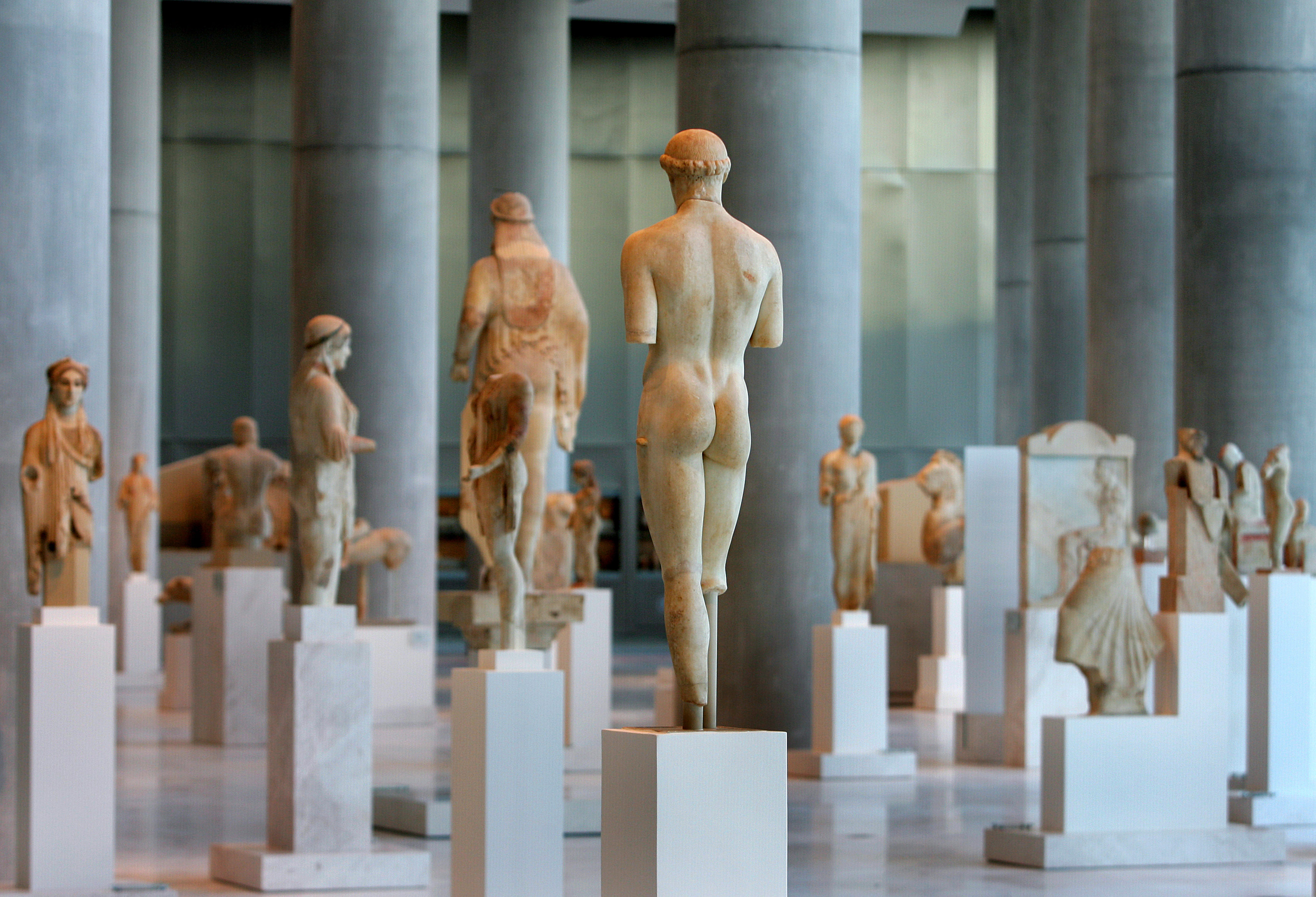 Sculptures are displayed at the Archaic Hall in the New Acropolis Museum in Athens