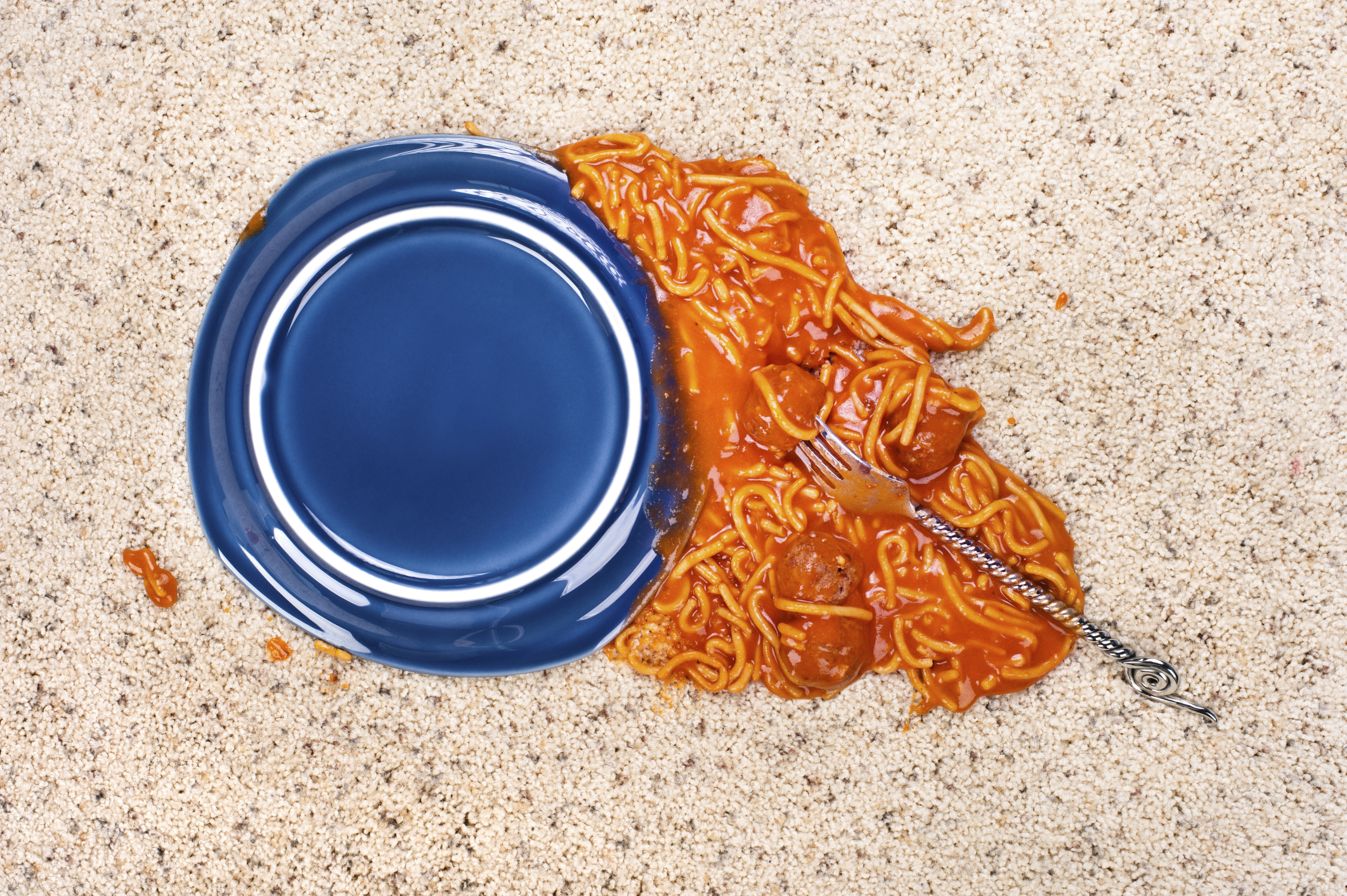Dropped plate of spaghetti on carpet