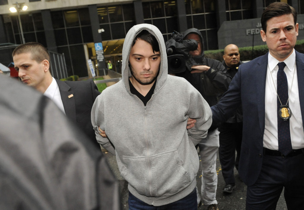 Martin Shkreli, chief executive officer of Turing Pharmaceuticals LLC, exits federal court in New York, U.S., on Thursday, Dec. 17, 2015. Shkreli was arrested on alleged securities fraud related to Retrophin Inc., a biotech firm he founded in 2011. Photographer: Louis Lanzano/Bloomberg via Getty Images